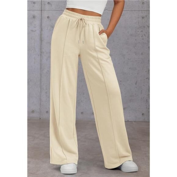 Womens Wide Leg Sweatpants High Waisted Beige - Picture 3 of 6